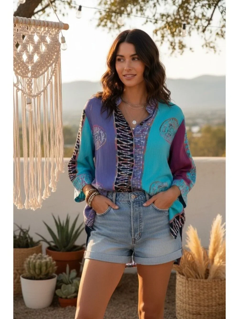 Soft Surroundings 1X Colorblock Rayon Tunic Blouse Blue Purple Artistic Boho Top - Picture 2 of 7